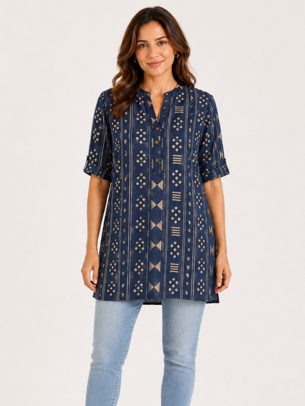 Khadi Cotton Indian Kurti Tunic L/XL Navy Boho Geometric 3/4 Sleeve